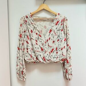 ASTR The Label Pleated Surplice Floral Long Sleeve Cropped Top Cream Coral Sz S